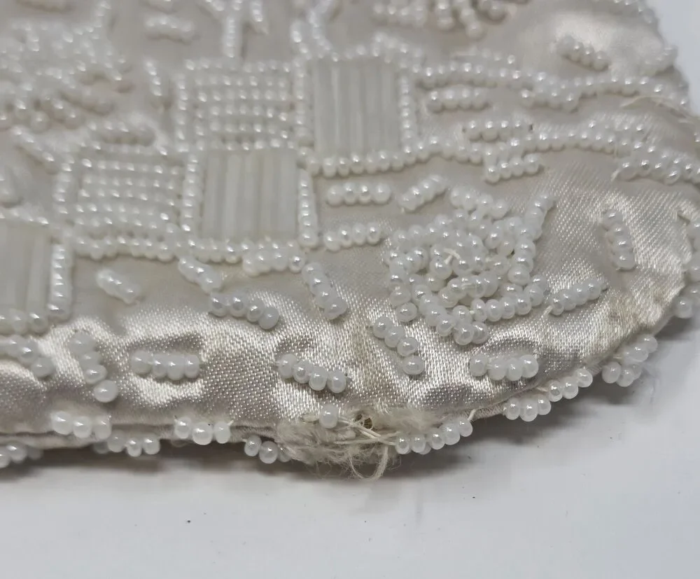 Vintage La Regale Beaded Evening Purse‎ Ivory Satin Kiss Lock Hong Kong Wedding